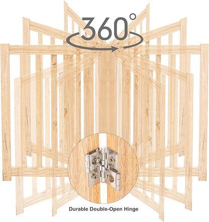 LZRS 4-Panel Wooden Free Standing Foldable Dog Gate Indoor – 24" High, Extra Wide Step-Over Safety Pet Gate for Doorways, Stairs, Hallways, Large Spaces & Playpen for Puppies Indoor Use, Natural