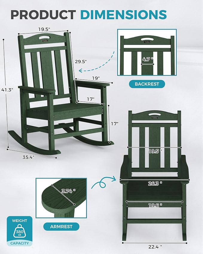 Oversized Outdoor Rocking Chairs Set of 4, 380lbs Heavy-Duty Large Patio Rocker - Image 3