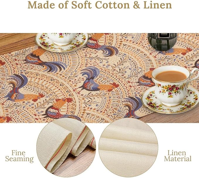 Cute Roosters Table Runner, Boho Rustic Cock Chicken Vintage Arch Floral Plants Print Table Cover for Holiday Kitchen Dining Table Indoor Outdoor Home Party Decor, 13x120inch