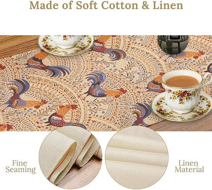 Cute Roosters Table Runner, Boho Rustic Cock Chicken Vintage Arch Floral Plants Print Table Cover for Holiday Kitchen Dining Table Indoor Outdoor Home Party Decor, 13x70inch