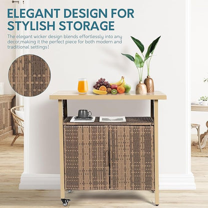 Outdoor Indoor Storage Cabinet with Rolling Wheels, Patio Serving Cart with Bar Table and Wicker Cabinet, Kitchen Island Prep Table, Beige