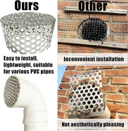 PVC Termination Mesh Vent Cover, Furnace&Roof Vent Cap, OD 2.4in to 2.98in Multihole Vent Mesh for 2.5in to 2.98in ID Pipe, Stainless Steel Conical Vent Mesh, Used for Keep Birds and Leaves Debris Out