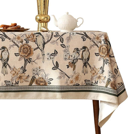 ISAENNE Designer Vintage Linen Rectangular Tablecloth,Floral and Bird Pattern Elegant Table Cloth,Fall Wrinkle Resistant Decor Tablecloths for Dining Kitchen Party Christmas,55"*87"-Murad A