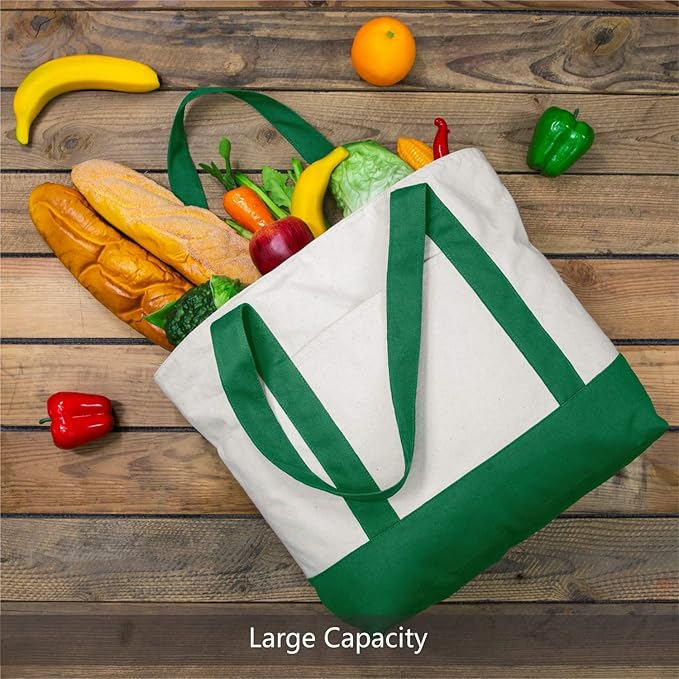 TOPDesign 3-Pack Canvas Tote Bags with an External Pocket, Reusable Grocery Shopping Bags, Top Zipper Closure, Daily Essentials (Green/Natural)