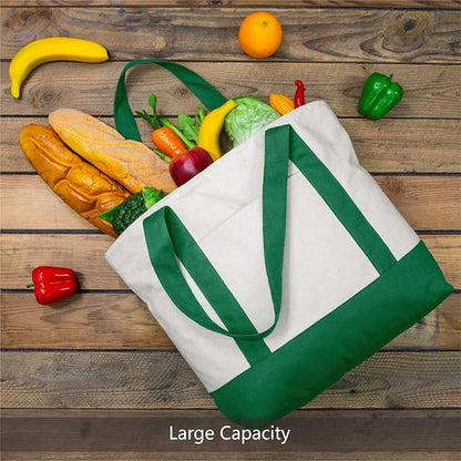 TOPDesign 3-Pack Canvas Tote Bags with an External Pocket, Reusable Grocery Shopping Bags, Top Zipper Closure, Daily Essentials (Green/Natural)