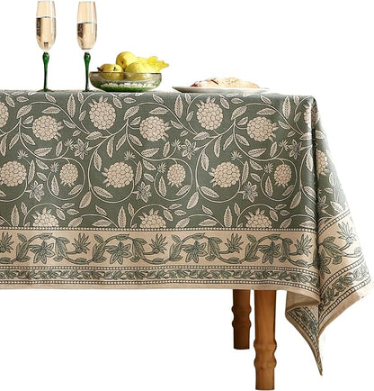ISAENNE Designer Grayish Green Linen Extra Long Tablecloth Rectangle,Floral Stain Resistant Table Cloth,Fall Vintage Decor Tablecloths for Dining Thanksgiving Kitchen,67"*118"-Andrew A