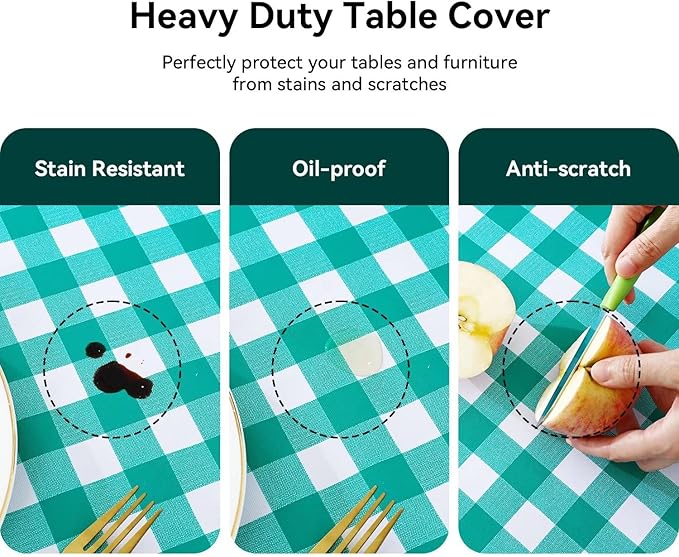 Romanstile Square Vinyl Tablecloth, 100% Waterproof Buffalo Gingham Plastic Table Cloth, Heavy Duty Wipeable Checkered Table Covers for Outdoor, Camping, Picnic, Patio - 54 x 54, Teal Green