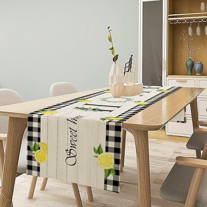 Lemon Fruit Home Table Runner,Vintage Farmhouse Rustic Black White Buffalo Plaid Dining Table Decoration for Home Holiday Party Dresser Kitchen Cabin Restaurant Wedding Decor 13×70in