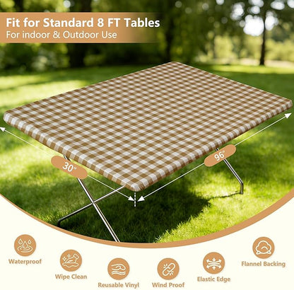 Rectangle Picnic Table Cloth, Elastic Waterproof Fitted Vinyl Tablecloths for 8 Foot Tables, Wipeable Flannel Backed Table Covers for Dining, Camping, Outdoor(Khaki Plaid,30"x96")