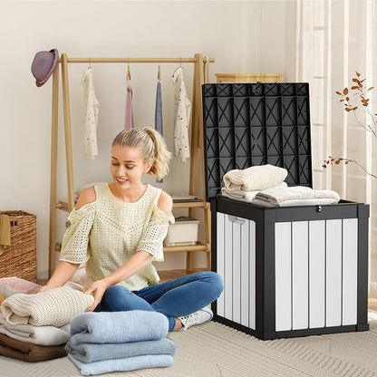 DRATO 51 Gallon Deck Boxes Resin Outdoor Storage Box UV Resistant Outside Deck Box with Lockable Lid for Patio Furniture（Black and White，51 Gallon）