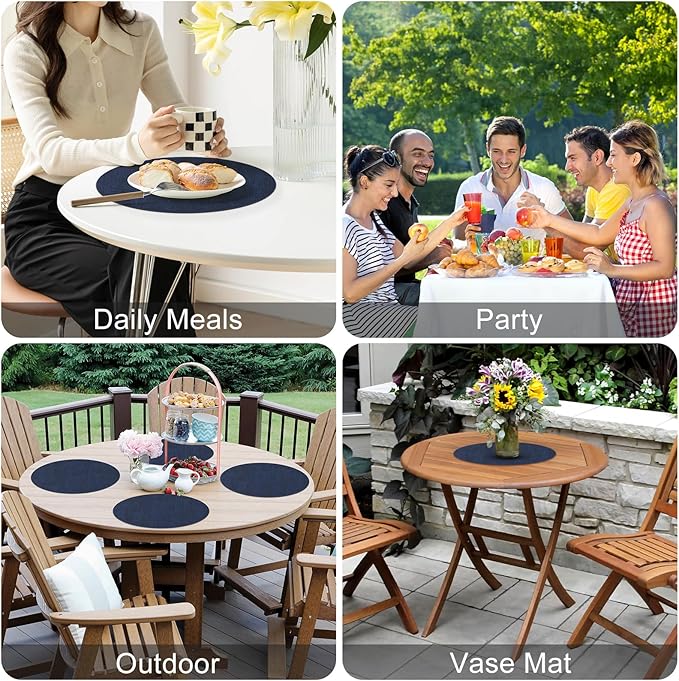 Homaxy Round Faux Leather Placemats and Coasters, Washable Dual-Side Table Mats, Wipeable Heat-Resistant Dining Place Mats for Outdoor and Indoor, Set of 6, Diameter 13 and 3.93 inch, Navy Blue