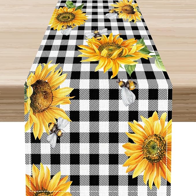 Sunflower Table Runner, Baffalo Plaid Summer Fall Yellow Florals Rustic Farmhouse Country Bumble Bee Coffee Table Center Decor for Home Kitchen Dining Patio Indoor Outdoor Decorations, 13"x36" Inch
