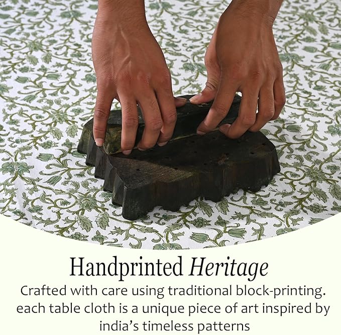 CPC Meadow Vine Tablecloth 100% Cotton 60x60 Inch Indian Block Print Rectangle Table Cover, Table Cloth for Gifting in Weddings, Halloween, Fall, Christmas, Thanksgiving