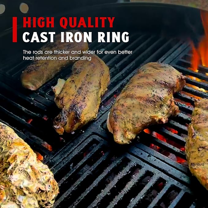 Pre-Seasoned Modular Cast Iron Grate, Fits 22.5" Kettle Grills Like Weber and SnS Grills Heavy-Duty 19 lb Grate for Superior Heat Retention & Versatile Cooking