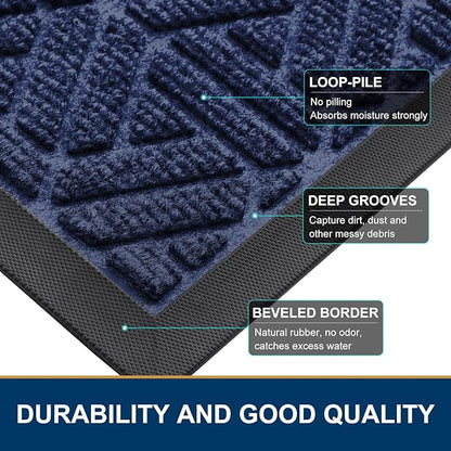 Smiry Front Door Mat Outside Entrance, Heavy Duty Sturdy Natural Rubber Doormat, Trap Dirt and Moisture, Easy Clean Low Profile Mats for Indoor Outdoor Entry, Grid Geometric (59x24, Navy Blue)