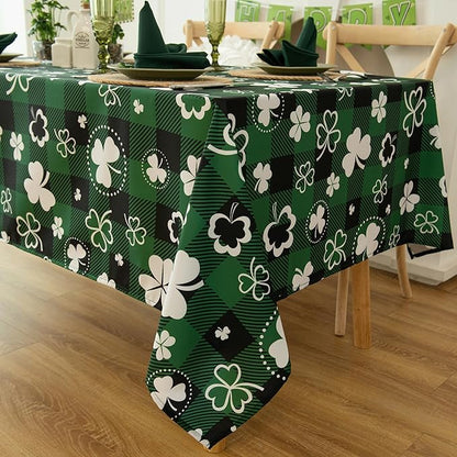 Green Waterproof Plaid St.Patrick Tablecloth Fabric - Square 58x58 Inch Classic Gingham Checker Holiday Table Cloth for Indoor Use - Lucky Shamrock Table Cover for BBQs, and Parties