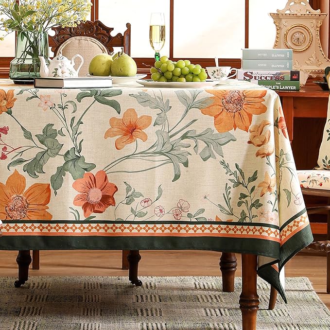French Tablecloth for Rectangle Table,Linen Orange Floral Wrinkle Resistant Tablecloths,Decorative Table Cover for Kitchen,Dining,Tea Party,Thanksgiving,Christmas,55"*87"-Milch