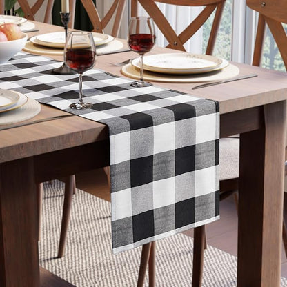 Encasa XO Cotton Dining Table Runner | Buffalo Black Checks | Size 13x120 in - Machine Washable & Durable