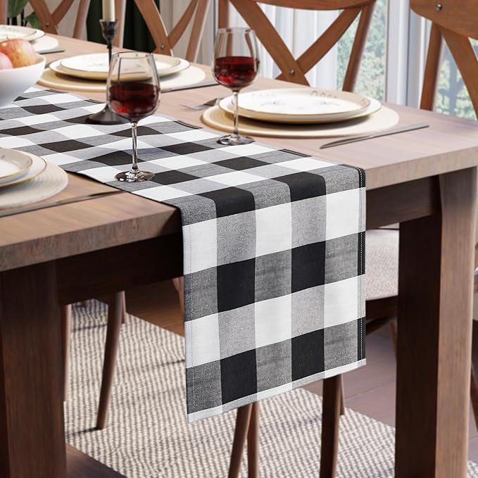 Encasa XO Cotton Dining Table Runner | Buffalo Black Checks | Size 13x48 in - Machine Washable & Durable