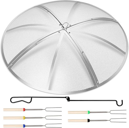 Fire Pit Spark Screen 36 Inch Round, Heavy Duty Stainless Steel Outdoor Fire Pit Screen Cover with Foldable Hook & Marshmallow Sticks, Mesh Spark Protector for Backyard, Camping, Beach