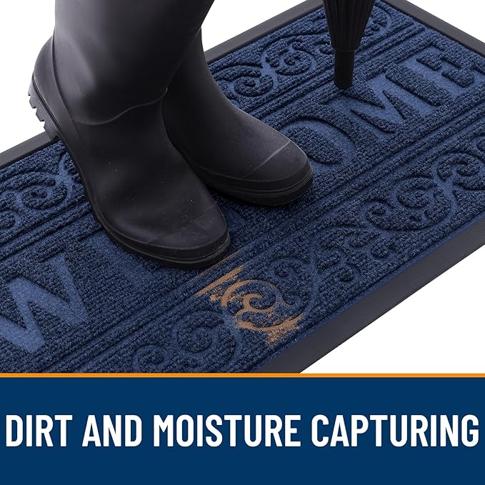 OLANLY Welcome Door Mat Indoor Outdoor Entrance, Heavy Duty Sturdy Front Door Mat, Waterproof All-Weather Doormat, Stain Resistant, Low Profile, Easy Clean Patio Entryway Mat, 29.5 x 17, Navy Blue