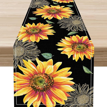 Black Yellow Floral Table Runner, Watercolor Sunflowers Vase Spring Sunshine Summer Farmhouse Rustic Table Center Decor for Home Kitchen Dining Patio Indoor Outdoor Table Decorations, 13"x108" Inch