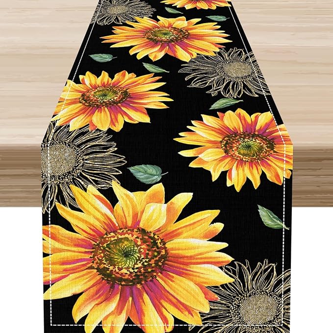 Black Yellow Floral Table Runner, Watercolor Sunflowers Vase Spring Sunshine Summer Farmhouse Rustic Table Center Decor for Home Kitchen Dining Patio Indoor Outdoor Table Decorations, 13"x72" Inch