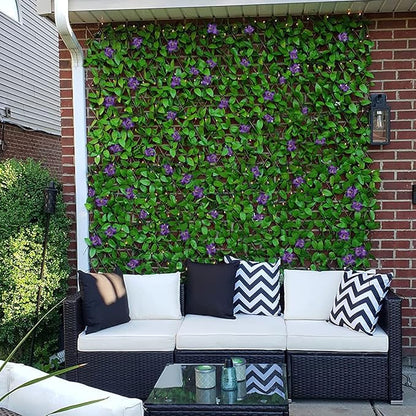 Expandable Fence Privacy Screen for Balcony Patio Outdoor,Decorative Faux Ivy Fencing Panel,Artificial Hedges (Single Sided Leaves) (4, Green Flowers)