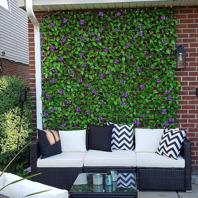 Expandable Fence Privacy Screen for Balcony Patio Outdoor,Decorative Faux Ivy Fencing Panel,Artificial Hedges (Single Sided Leaves) (1, Green Flowers)