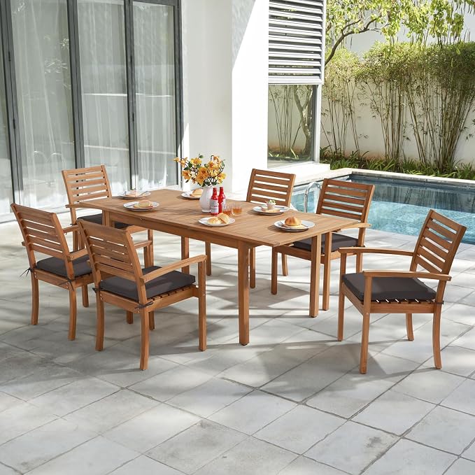 Stackable Patio Dining Chairs Set of 6, Dark Grey | Outdoor Acacia Wood Chairs - Image 6