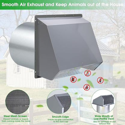10 Inch Hooded Wall Vent Exhaust with Screen and Damper,Outdoor Wall Exhaust Vent Cover Cap for Kitchen Range Hood Outside Exterior Dryer Ventilation,Galvanized Steel,Gray