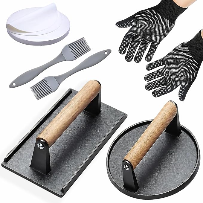 Smash Burger Press Kit 56 Pcs,grill press,7.9 Inch Cast iron hamburger smasher tool,Wood Handle Grill Press with and Griddle Accessories,Barbecues and Tailgates