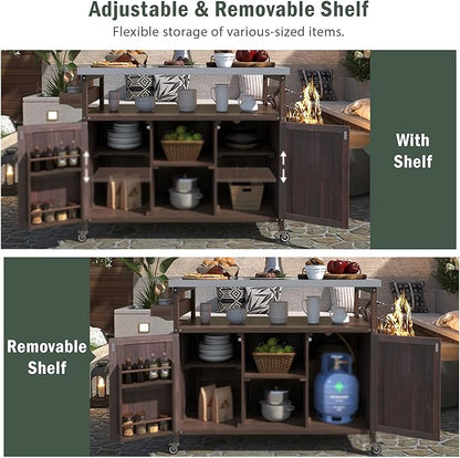 Rolling Cart ，Storage Cabinet, Grill Table ，Artificial Board，with Stainless Steel Top, Internal Storage Racks，Spice Rack, Towel Rack ， Kitchen ，Barbecue, Outdoor