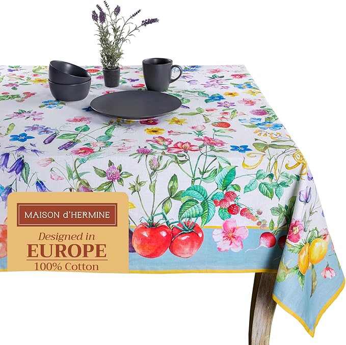Maison d' Hermine Table Cloth Rectangle Table 100% Cotton 60 x 108 Inches Tablecloth Reusable Decorative Everyday Use for Dining Room, Farmhouse, Home, Party, Festive & Wedding Spring Summer - Giverny
