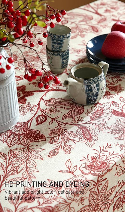 ISAENNE Designer French Linen Extra Long Rectangle Tablecloth,Red Floral Washable Indoor Table Cloth,Durable Home Decor Tablecloths for Dining Thanksgiving Kitchen Party,67"*118"-Ruyi A