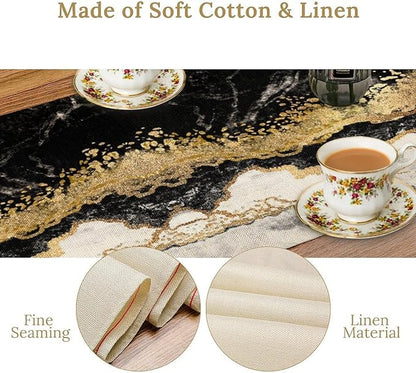 Marble Table Runner, Ink Golden Marble Texture Table Runner for Kitchen Wedding Farmhouse Indoor Outdoor Home Party 13x108in