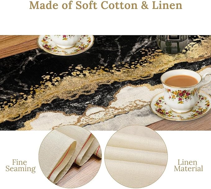 Marble Table Runner, Ink Golden Marble Texture Table Runner for Kitchen Wedding Farmhouse Indoor Outdoor Home Party 13x90in