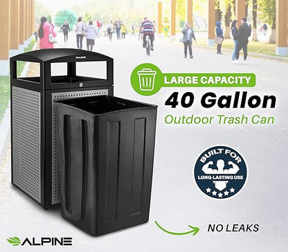 Alpine Industries 40 Gallon Commercial Outdoor Trash Can, Metal with Removable Bin & Locking Lid (Black & Grey)