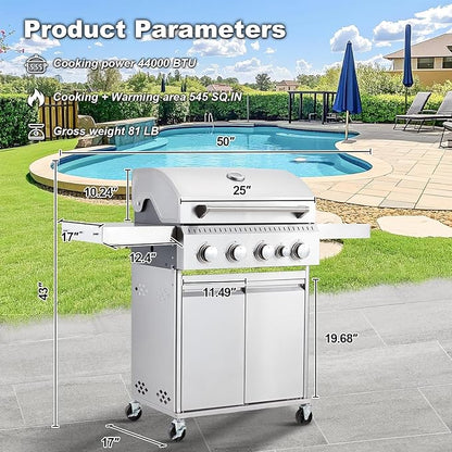 MELLCOM Stainless Steel 4 Burner BBQ Propane Gas Grill with Cast Iron Grates & Side Stove, Stainless Steel 44000 BTU Burner Barbecue Grill for Patio,Camping, Outdoor Cooking