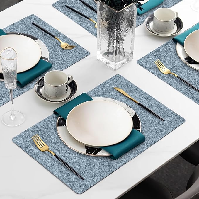 Faux Leather Heat Resistant Placemats Set of 8 – Waterproof Oilproof Wipeable Dining PU Vinyl Place Mat Easy Clean Table Mats for Kitchen/Dining/Party/Holiday, Blue
