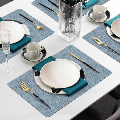 Faux Leather Heat Resistant Placemats Set of 8 – Waterproof Oilproof Wipeable Dining PU Vinyl Place Mat Easy Clean Table Mats for Kitchen/Dining/Party/Holiday, Blue