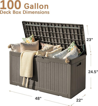 Devoko 97 Gallon Deck Box, Waterproof Resin Outdoor Storage Box for Outside and Patio, Large Outdoor Storage Bench Cabinet Lockable for Patio Furniture, Garden Tools and Pool Supplies (Brown)