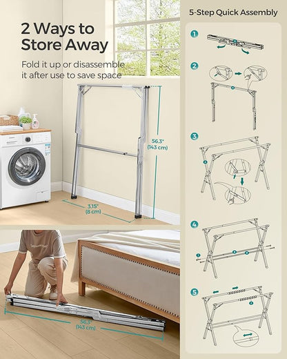 SONGMICS Clothes Drying Rack, Heavy-Duty Laundry Drying Rack, 45.7-63.4 Inches Extendable, Foldable Freestanding Airer, Stainless Steel, for Indoor Outdoor Use, Dove Gray ULLR901E01