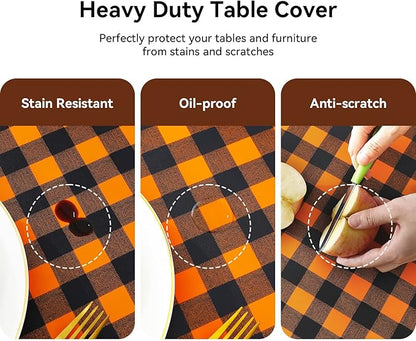 Romanstile Rectangle Vinyl Tablecloth, 100% Waterproof Buffalo Gingham Plastic Table Cloth, Heavy Duty Wipeable Checkered Table Covers for Outdoor, Camping, Picnic, Patio - 54 x 120, Black and Orange