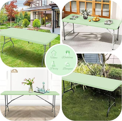 10 Pack Stretch Fabric Table Top Cap Cover, Sage Green Table Covers fits 6Ft Tables, Washable Elastic Universal Rectangle Tablecloth Protector for Indoor Outdoor Party Picnic Wedding (30" W x 72" L)