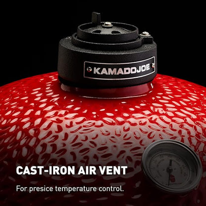 Kamado Joe® Classic Joe™ I Premium 18-inch Ceramic Charcoal Grill and Smoker in Red with Cart, Side Shelves, Grill Gripper, and Ash Tool. 250 Cooking Square Inches, 2 Tier Cooking System, Model KJ23RH