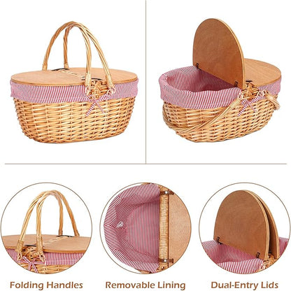 Wicker Picnic Basket with Liner, Wooden Split Lid Picnic Basket, Vintage-Style Wicker Picnic Hamper with Folding Woven Handle for Picnic, Camping, Outdoor, Valentine Day, Thanks Giving, Birthday (Red)