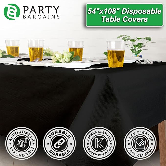 PARTY BARGAINS 40 Disposable Table Covers - 54" X 108" Black Table Cover, 3 Ply Paper & Plastic Tablecloth