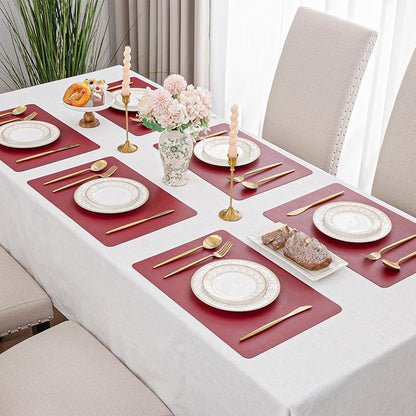 SHACOS Placemats Set of 6 Faux Leather Waterproof Leakproof Wipeable PU Non-Slip Vinyl Place Mats Heat Resistant Table Mats for Kitchen Dining Table Indoor Outdoor, Red