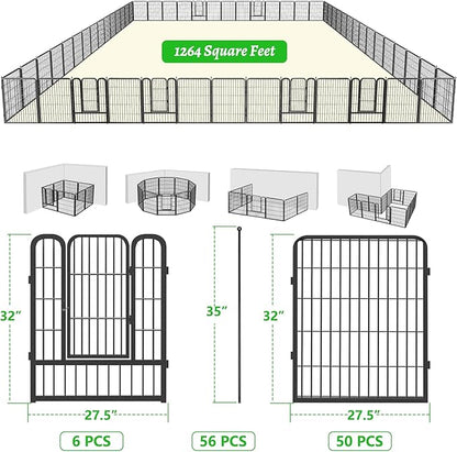 Garden Fence with Gate Metal Fencing Outdoor for Yard, 32in x128ft 56 Panels Outdoor Dog Fence Temporary Fence for Dogs Outside, Rustproof Garden Fencing Flower Bed Edging for Patio